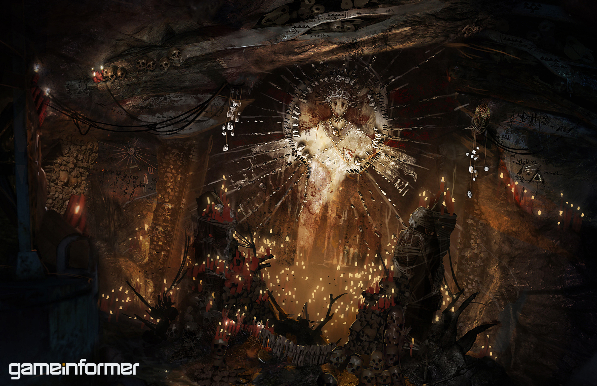 洞穴祭坛处，中间人像带着项链，其右手边的墙上则绘制着类似太阳的图案