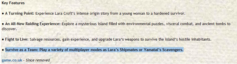 OXM之前，PS3预订页面的游戏说明中就泄露了古墓丽影存在多人模式